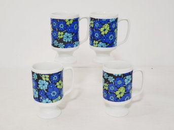 Set Of Four Vintage MCM Pretty Floral Blue Ceramic Footed Handled Mugs