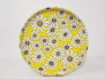 Vintage Retro MOD Tray Metal Round Serving Tray Yellow White Daisies