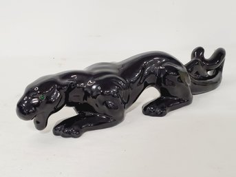 Vintage Green Jewel Eyed Black Crouching Panther Ceramic Figurine