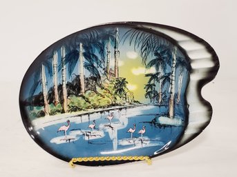 Vintage Kitcschy MCM Pottery Ashtray With Beach & Flamingo Theme