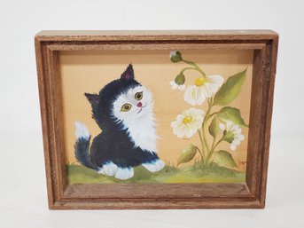 Vintage Signed 1978 Adorable Black & White Cat Framed Painting