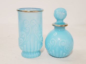 Vintage AVON Bristol Turquoise Blue Milk Glass, Perfume Bottle & Cup Vanity Set