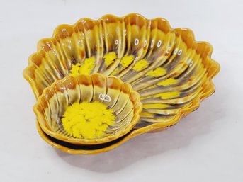 Vintage 1960s Maddux Of California USA Ceramic Orange Gold Glaze Clam Shell Chip & Dip Bowl