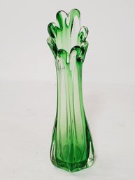 Vintage Art Glass Green & Clear Swung Glass Flower Vase - 7 Fingers