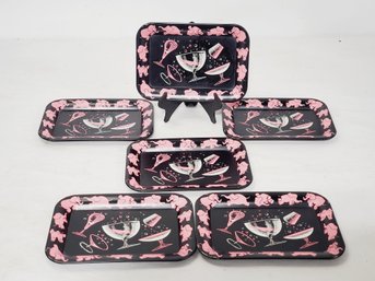 Six Vintage Hazel Atlas Pink & Black Tipsy Elephant Cocktail Bar Trays