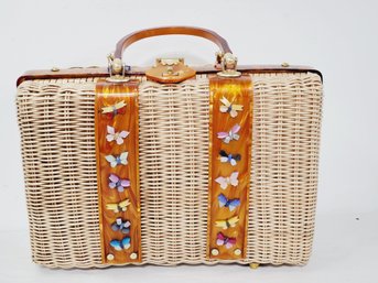 Vintage 1950s Mid-Century Modern Wicker And Bakelite Butterfly Purse By Tropic Miami