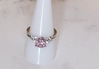 Three Stone Pink And White CZ Silvertone Fashion Ring