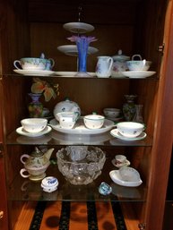 Contents Of 3 Shelf Display Case - Teapots, Cups, Bowels & Cake Tier Server