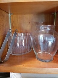 Lot Of Glass - 2 Vases, Ice Bucket W/tong