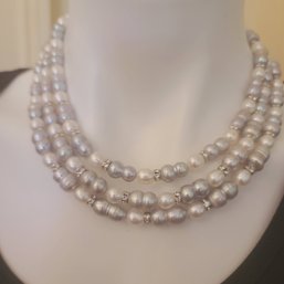 Triple Strand Freshwater Biwa Pearls Interspersed With CZ Rondeles