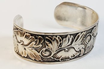 Vintage Sterling Silver Thick Flower Carved Cuff Bracelet