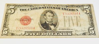 1928 $5 Dollar Red Seal Bill/ U S Bank Note (95 Years Old First $5 Small Size Note)