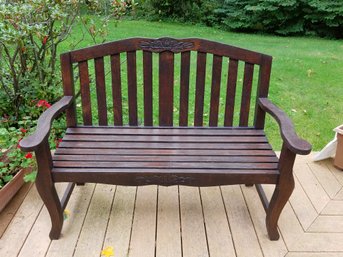 1 Of 2 Teak Bench - Beautifully Carved Detail And Well Cared For - W/Green Cushion