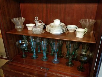 2 Shelf Contents Of China Cabinet - Wine Glasses And Decorative Items