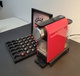 Nespresso C110 Coffee Maker And Selection Of Pods.  Finished In Ferrari Red.  Tested And Working.- - --Loc:GS1