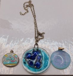 Three Pendants - Two Glass And One Enamel - And Silver Chain