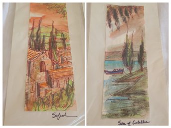 Two Lovely Pastel Drawings From Israel In The 1960's  Titled  Safed, & Sea Of Galilee Signed Illegibly