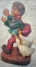 Vintage Hand Carved & Painted Wooden Boy With Biscuit Being Chased By Geese Artist Signed 7'