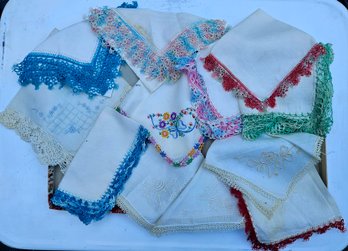 Large Lot Of Vintage Hankies - Hand-crocheted And Embroidered - In Vintage Box