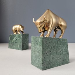 Mid Century Heavy Brass Bull & Bear Marble Bookends