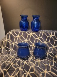 Blue Vase Group.  2 Glass And 3 Pottery. - - -- - - -- - - - - - - - - - - - - - - - - - - - - - Loc:GS2