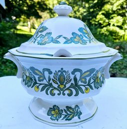 Vintage 1960s Pedestal Soup Tureen With Lid And Handles In Shades Of Green And Yellow On White Made In Japan