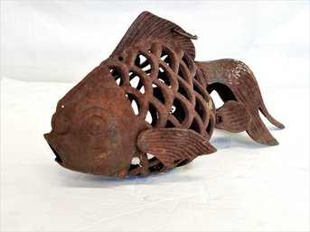 Nicely Weathered Hanging Cast Iron Vintage KOI Fish Rustic Candle Holder