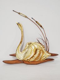 Vintage Mid Century 3-D Brass Wood Swan Wall Hanging With Grass & Cat Tails