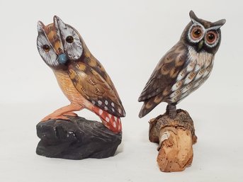 Vintage Pair Of Wood & Stone Hand Painted Owl Figurines