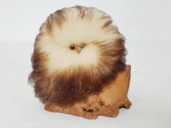 Really Cute Vintage Wooly Fiber Art Retro Fluffy Owl On Wood Figurine