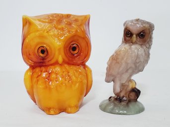 Two Vintage Retro Wax Owl Figural Candles