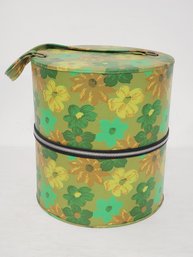 Retro Round Groovy Green Flowered Hat Box Suitcase, Floral Vinyl