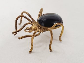 Vintage 1970s Black Widow Spider Gold Tone Metal & Onyx Pin Brooch Jelly Belly