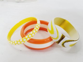 Trio Of Vintage Retro Bright & Bold Yellows, White & Orange Ladies Bangle Bracelets