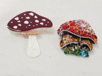 Two Retro Mushroom Ladies Pins Brooches - Erstwilder Resin Spotted & Rhinestone Encrusted