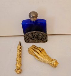 Vintage Cobalt Blue Perfume Bottle Paired With Gold Tone Pencil Sharpener And Pen