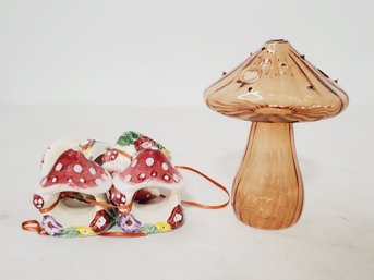 Delicate Blown Glass Mushroom Bud Vase And Set Of Ceramic Mushroom Napkin Rings