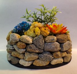 A Lovely Hand Made 9' Stone Planter With Faux Flowers