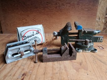 Trio Vintage Vises - Littco Littlestown Bench Vise, Dowl It Pin Drill Vise