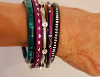 Grouping Of 6 Thin Bracelets Two From India, One Malachite, Worn Together Or Mix And Match