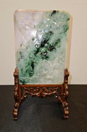 Small Chinese Carved Jadeite Plaque With Stand, 2 Different Scenes
