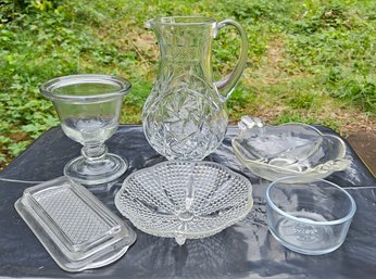 Essential Glass Serving Pieces - Water Pitcher, Divided Dish, Ornate Footed Dish, Small Pyrex Bowl,  And More