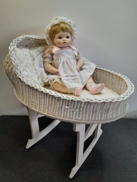 Vintage Hamilton Collection 'Jessica' Baby Doll In A Wicker Basinet Rocker