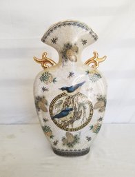 Vintage Ceramic Hand Painted Bird Vase With Gold Handles