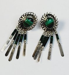 Vintage  Sterling Silver South West Green Hanging Dangle Earrings