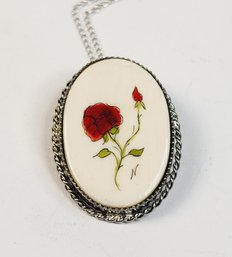 Vintage Silver Tone Necklace And Painted Flower Pendant