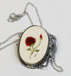 Vintage Silver Tone Necklace And Painted Flower Pendant / Pin / Brooch