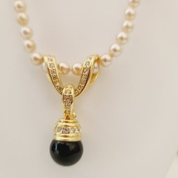 30' Pearl Necklace By Joan Rivers With Jeweled  Centerpiece With Rhinestone Gold And Onyx Drop