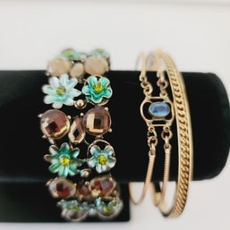 Three Pretty Bangles With Colored Stones And  Unusual Shapes