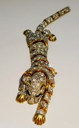 Amazing Moveable Panther Double Pin Of Gold And Rhinestone With Emerald Eyes